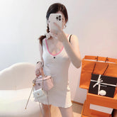Chanel Women's Summer Solid Color V-Neck Waistband Sleeveless Halter Dresses #76243