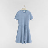 Dior Oblique Women's Beige Blue And Navy Jacquard Fitted A-line Dress With Bell Sleeves Short Sleeve Satin Belt And Cd Letter Knit Dress Lady #84131A