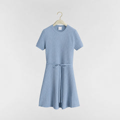 Dior Oblique Women's Beige Blue And Navy Jacquard Fitted A-line Dress With Bell Sleeves Short Sleeve Satin Belt And Cd Letter Knit Dress Lady #84131A