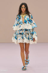 Zimmermann Spring 2026 New Arrivals Alchemy Short Silk-linen Pleated Dress Blue Patchwork Lace Print Elegant Long-sleeve Dress Lady #196840