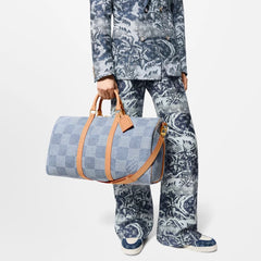 Louis Vuitton Keepall Bandoulière 50 Men's and Women's Detachable Adjustable Shoulder Strap Zipper Closure Denim Step Shoulder Tote Travel Bag Bags #76823