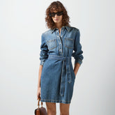 Gucci Women's Spring And Autumn Fashion Blue Denim Dress Vintage Silhouette Belted Shirt Dresses #71483