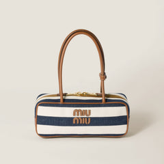 MiuMiu Beau Women's Embroidered Logo Print Striped Canvas And Calfskin Handbag Shoulder Bag Bags #77932