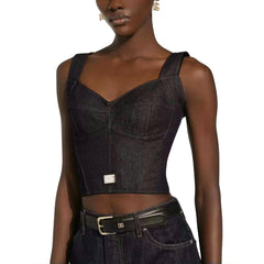 Dolce&Gabbana Women's Solid Colour Vest Washed Denim Bra Style Suspender Jacket Lined Leopard Printed #76862
