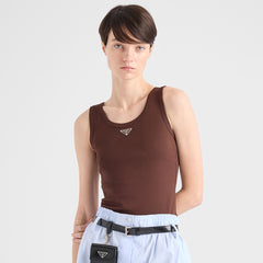 Prada Women's New Spring/summer Collection Triangle Logo 100% Cotton High-stretch U-neck Spaghetti-strap American-style Tank Top Slim-fit Baby Blue Fashionable Lady Vest #82786A