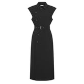 Dior ?Women's Spring/summer Sleeveless Black Wool Dress Classic Button-up Waist Belt Straight-cut Dresses #82141A