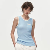 Prada Women's Summer Triangle-cut Sleeveless Knit Tank Top With Subtle Logo And Blue Lace Trim Vest Lady #84134A
