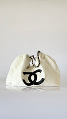 Chanel 26m Coco Beach Large Drawstring Beach Tote Bag In White With Black Double C Logo Stylish Elegant Chain-strap Bags Lady Bags #197029