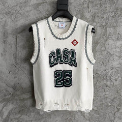 Casablanca Women's Fall/winter White Letter Logo Jacquard Knit Sleeveless Sweater Vest In Color-blocked Fashion Casual Style #193331