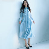 L Women's 2026 Spring French-style Blue Striped Bow Dress Elegant Waist-cinching. Slimming Shirt-style Maxi Dress Lady