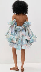 Zimmermann Women's Summer Blue Printed Silk Ruffle Strapless Mini Silk Dress #77178