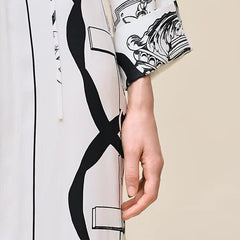 Hermes 26w Chain-detail Bow-tie Waistband Printed Silk Dress Women's Spring/summer Black And White Chain-detail Retro Elegant Maxi Luxury Dress Lady #197289
