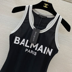 Balmain Women's Summer Fashion Casual Crew Neck Pullover Color Block Sleeveless Fitted Dress #79446