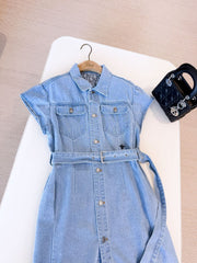 Dior Women's Summer High Street Denim Solid Color Belt Printed Pocket Button Cotton Short Sleeve Shirtdress Dresses #77854