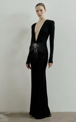Alex Perry Women's Luxury Exquisite Black With Diamond Slim Long Dress Temperament Fashion Modern Long Sleeve Long Dresses Ngvp #2481