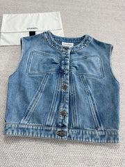 Chanel Women's Spring/Fall Casual Solid-Color Cotton Crew Neck Bow-Detail Denim Sleeveless Vest Ngvp #2591