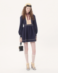 Valentino Women's Crepe Couture Velvet Colorblocking Round Neck Short Silk Wool Dress For Spring And Autumn Ngvp #1832