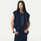 Chanel Women's Spring And Summer Sequins Tweed Single-Breasted Solid Color Round Neck Sleeveless Vest Ngvp #1933