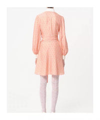 Valentino Women's Summer Checkered Lapel Tie Colorblocking Pleated Short Solid Color Silk Long Sleeve Dresses Ngvp #1255