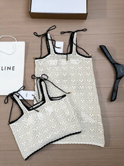 Celine Women's Summer TRIOMPHE Solid Color Crochet Knitted Cotton Strapless Mini Dress #77319