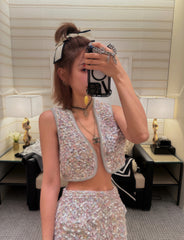 Chanel Women's Spring/Autumn Sequin Rhinestone Trim Logo Cardigan Solid Color Sleeveless Vest Ngvp #2267