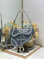 Dior Saddle Bag Blue Base With White' Book Cover' Embroidery ' Les Fleurs Du Mal' Motif Stirrup And D-ring Charm Vintage Silver-coloured Handbag Shoulder Bag And Crossbody Bags M0469VEHQ_M49I #197373