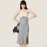 MiuMiu Women's Spring/summer New Arrival Lace Spaghetti-strap Dress Cotton Jersey Fabric V-neck Slit Maxi Dress Dresses Lady #196415