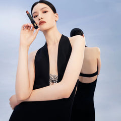 Saint Laurent Women's Spring And Summer Black V-neck Long Temperament Luxury Sexy Crystal Decoration Backless Dresses Ngvp #8795