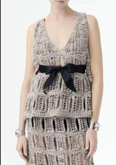 Chanel Women's Spring And Summer High Street Cotton Silk Hollow Bow Decoration V-neck Sleeveless Vest Casual Medium-length Knitted Half Skirt Ngvp #1526