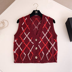 Chanel Women's Spring and Autumn Plaid Cashmere Crochet Two-color Knit Single-breasted Vest Jacket #73197