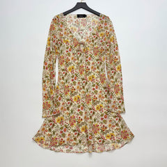 Realisation Par Women's 100% Silk Summer Vacation Style Beach Photo Deep V-neck Long-sleeved Sunscreen Short Floral Dress Temperament Elegant Dress Dresses Ngvp #1968