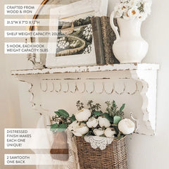 Rustic Farmhouse Wooden Wall Shelf with Five Hooks