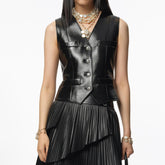 Chanel Women's Spring/Fall Fashion Classic Solid Color V-Neck Single Button Leather Top Vest #78488