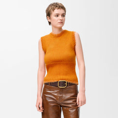Loewe Women's Early Spring Orange Knitted Sweater Pullover Vest Wool Hem Texture Details Fashion Temperament Casual Sleeveless T-shirt Lady #194825