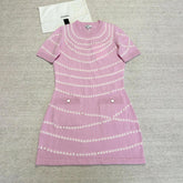 Chanel Women's Spring/Summer Solid Color Pearl Chain Printed Cashmere Short Sleeve Dresses #76518