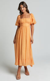 Roshina Midi Dress - Straight Neck Puff Sleeve Dress in Orange