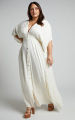 Sitting Pretty Maxi Dress - Short Sleeve Button Down Dress in Natural