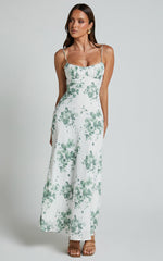 Bettina Midi Dress - Strappy Ruched Bust Slip Dress in Green and White Print