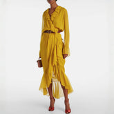 Saint Laurent ? Women's Ruffled Dress In Silk Crepon Muslin Solid Color Long Summer Fitted Dresses Ngvp #1456