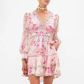 Camilla Women's Summer Pink Floral Printed V-Neck Rhinestone Embellished Silk Loose Long Sleeve Dress Ngvp #8824