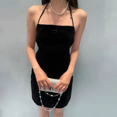 MiuMiu Women's Summer Embroidered Letter Logo Solid Color Stretch Velvet Sleeveless Dresses #75386