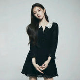 Celine Women's Spring Summer Lace Black Dress Logo Button Lapel Temperament Elegant Long Sleeve Dresses Ngvp#1296