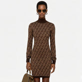 Fendi Ff Full-pattern Jacquard Pullover Slim-fit Short-sleeve Brown Dress Spring Women's Elegant And Sexy Lady Dress #194986