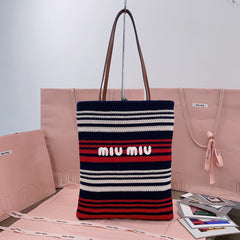 MiuMiu Women's Logo Embroidery Raffia Patchwork Cotton Thread Woven Shopping Bag Shoulder Tote Bags #76743