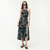 Chanel Women's Summer Solid Colour Printed Cotton Halter Neck Sleeveless Long Dress #77413