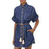 Zimmermann Women's Spring Summer Solid Colour Tassel Belt Denim Single Breasted Short Sleeve Dresses #76731