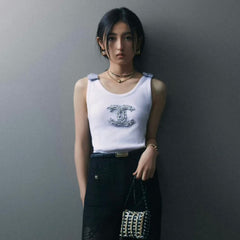 Chanel Women's Summer Fashion Casual Crew Neck Pullover Top with Adjustable Straps in Pure Cotton Fabric Vest #78844