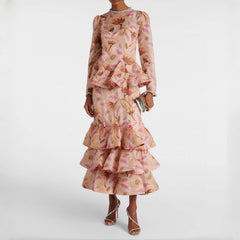 Zimmermann Women's Spring/summer Elegant Floral Print Dress With Multi-layer Ruffled Puff Skirt. Form-fitting Fashionable Dresses Ngvp #2181