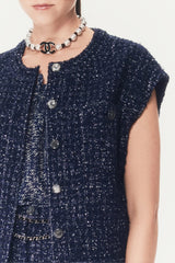 Chanel Women's Spring And Summer Sequins Tweed Single-Breasted Solid Color Round Neck Sleeveless Vest Ngvp #1933