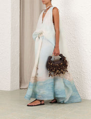 Zimmermann Women's Summer Solid Color Seascape Pattern Printed V-neck Sleeveless Long Dress #77342